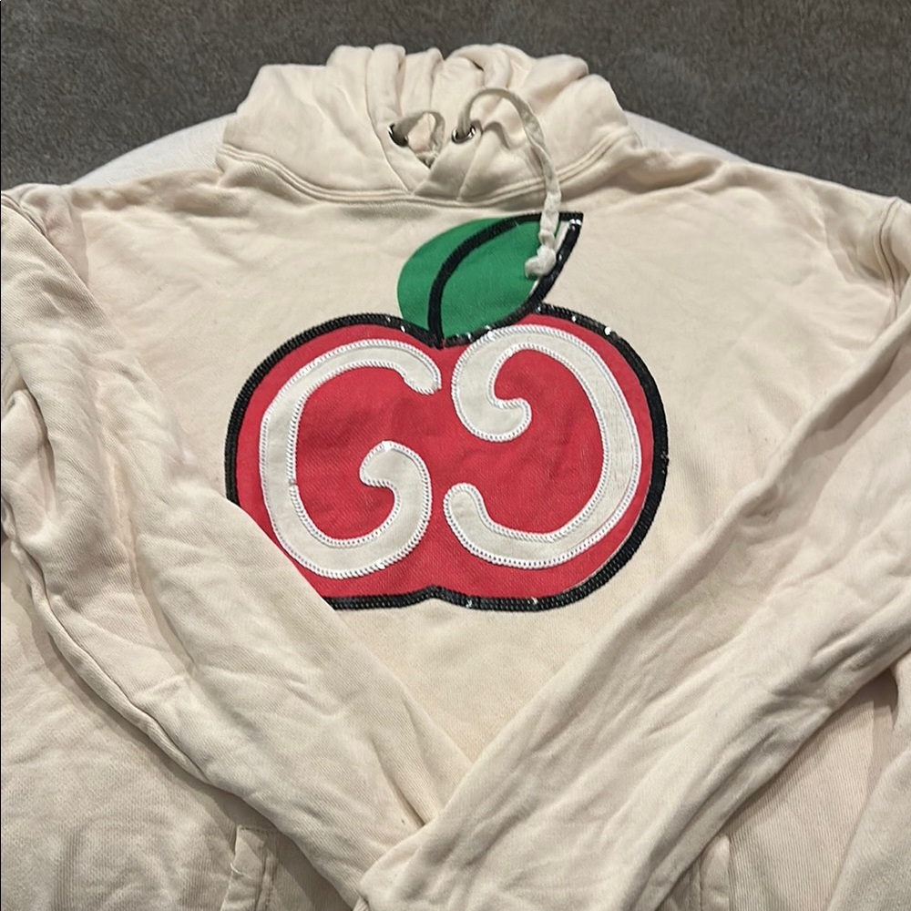 Oversized Cream Hoodie with sequin Red and Green Apple Design